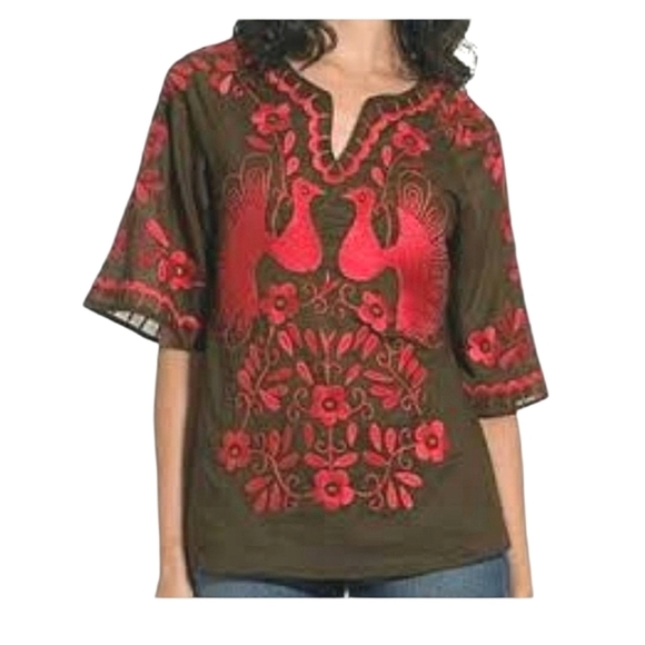 TORY BURCH Boho Embroidered Floral/bird Print Short Sleeve Top.Brown/pink.Size 6 - Picture 1 of 14